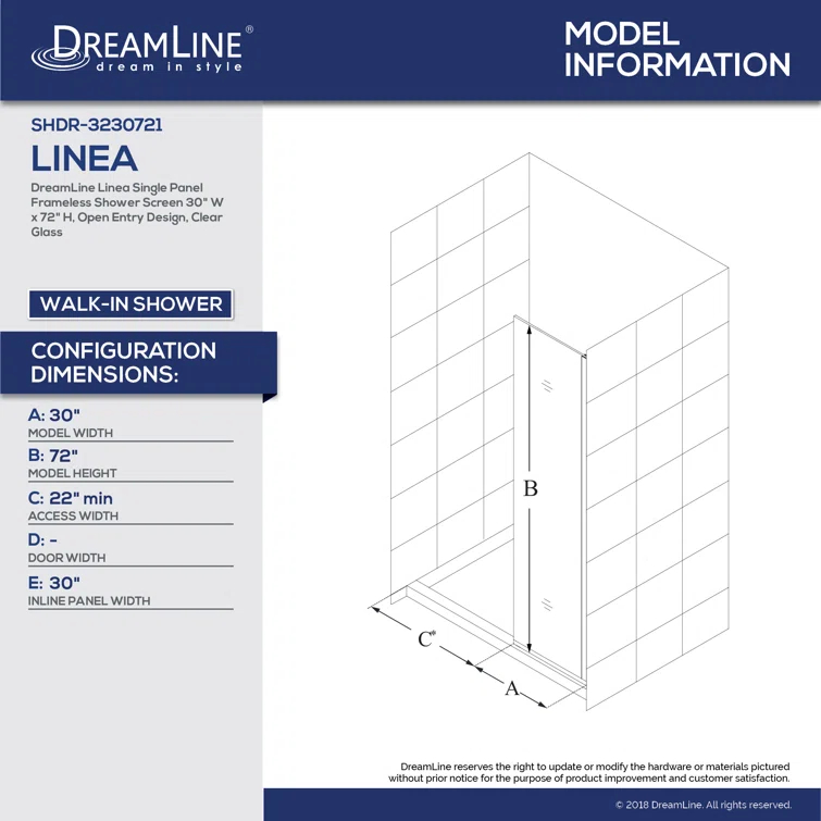 Linea 34" W x 72" H Frameless Fixed Glass Panel