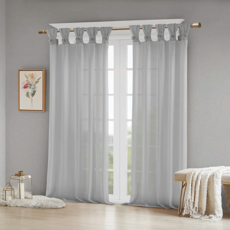 Madison Park Rosette Floral Embellished Cuff Tab Top Solid Single Curtain Panel