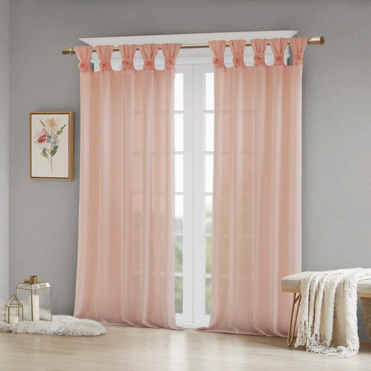 Madison Park Rosette Floral Embellished Cuff Tab Top Solid Curtain Panel