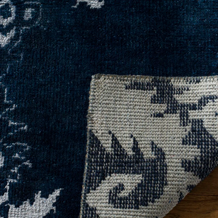 Stone Wash Hand Knotted Wool/Viscose/Cotton Ikat Rug in Indigo