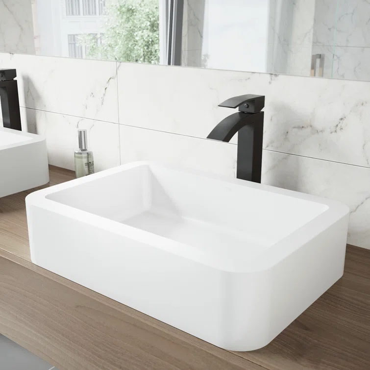 Petunia 23" L x 16" W x 5" H Rectangular White Matte Stone™ Vessel Bathroom Sink with 12" H Faucet