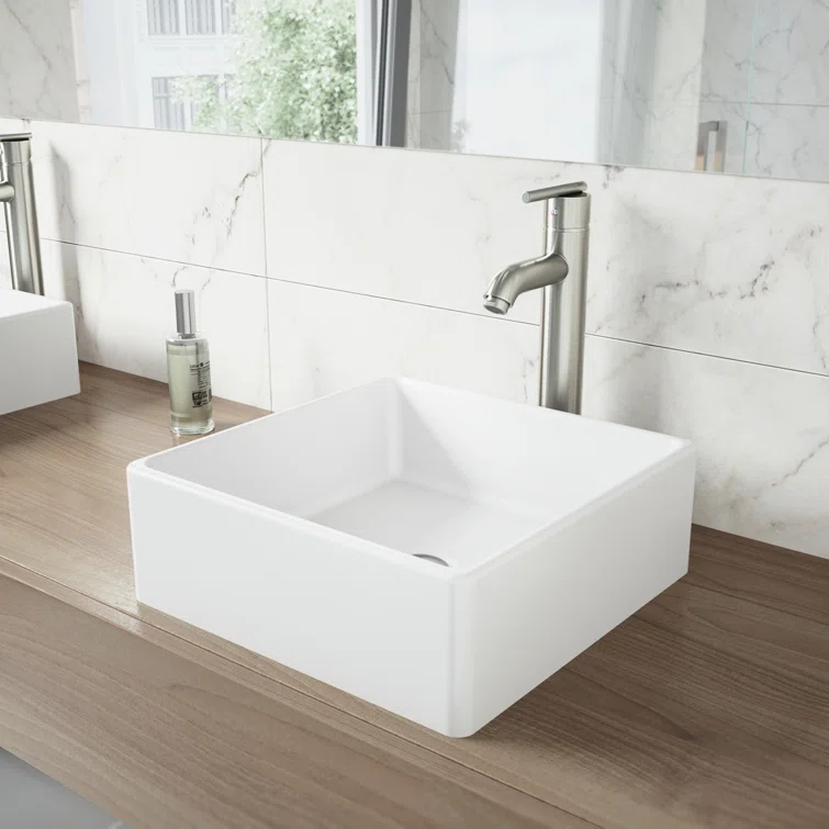 Dianthus 15" L x 15" W x 5" H Matte White Handmade Square Vessel Bathroom Sink