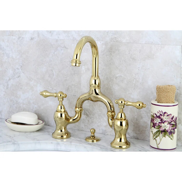 Kingston Brass English Country Two-Handle 3-Hole Deck Mount Bridge Bathroom Faucet with Brass Pop-Up
