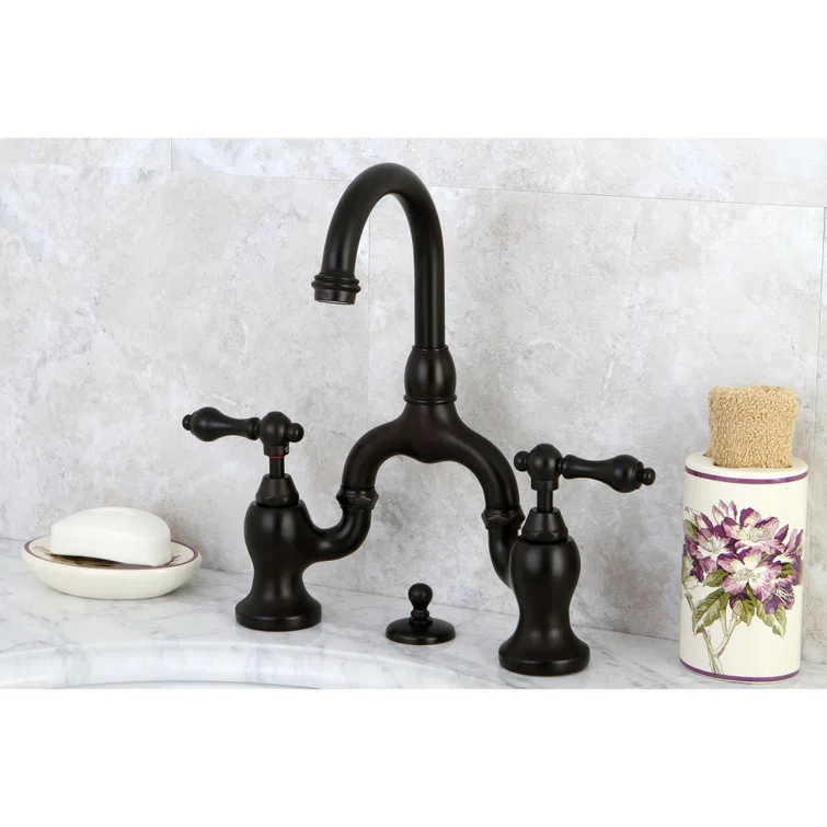 Kingston Brass English Country Two-Handle 3-Hole Deck Mount Bridge Bathroom Faucet with Brass Pop-Up