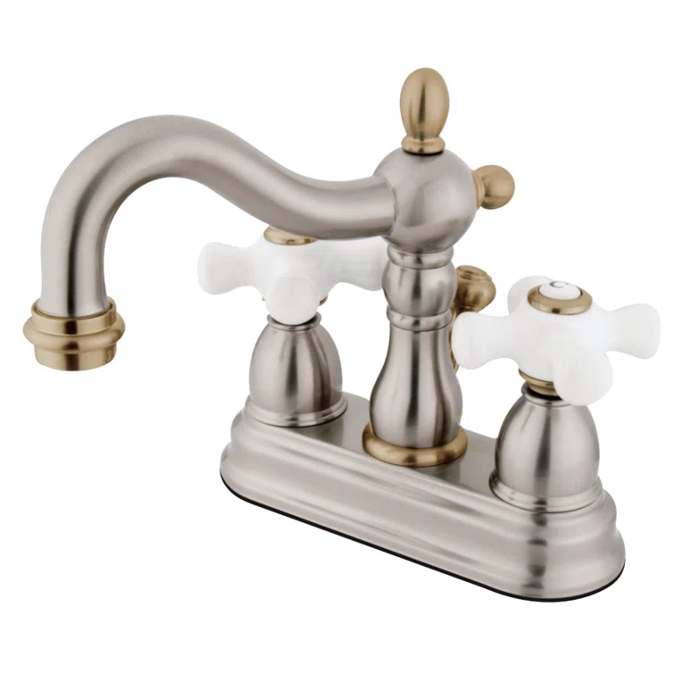 Kingston Brass Heritage Two-Handle 3-Hole Deck Mount 4" Centerset Bathroom Faucet with Plastic Pop-Up