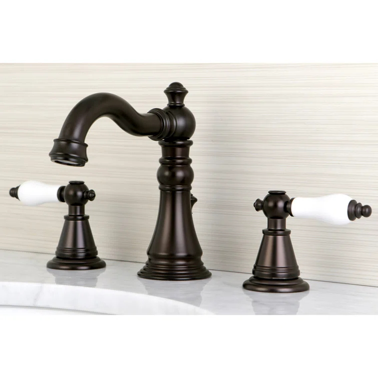 Kingston Brass English Classic Two-Handle 3-Hole Deck Mount Widespread Bathroom Faucet with Pop-Up Drain