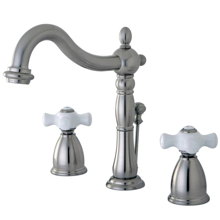 Kingston Brass Heritage Two-Handle 3-Hole Deck Mount Widespread Bathroom Faucet with Pop-Up Drain