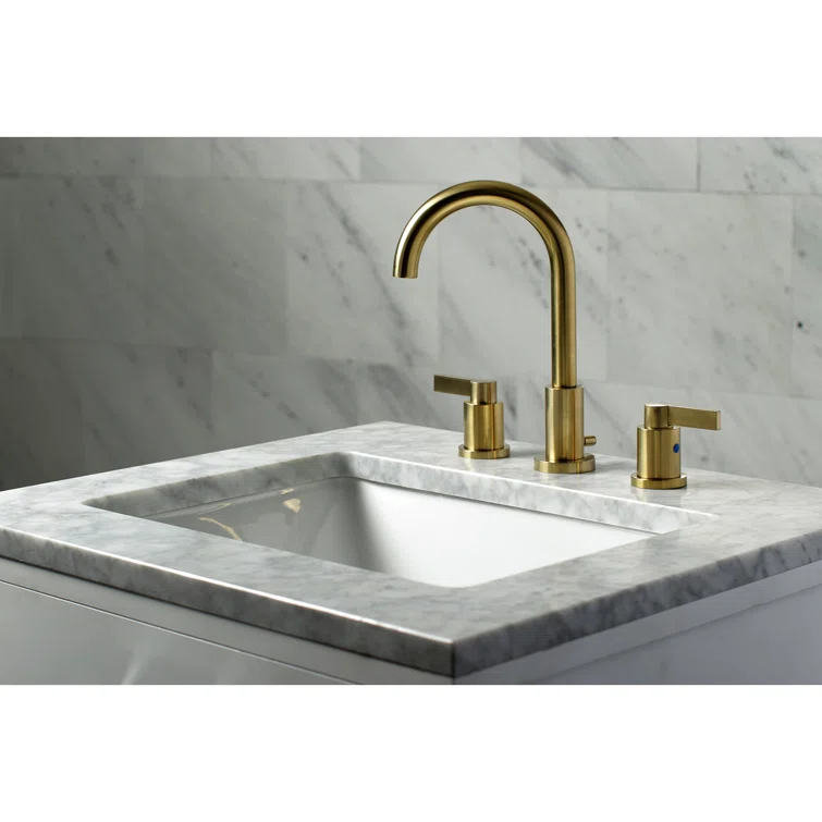 Kingston Brass NuvoFusion Two-Handle 3-Hole Deck Mount Widespread Bathroom Faucet with Brass Pop-Up Drain