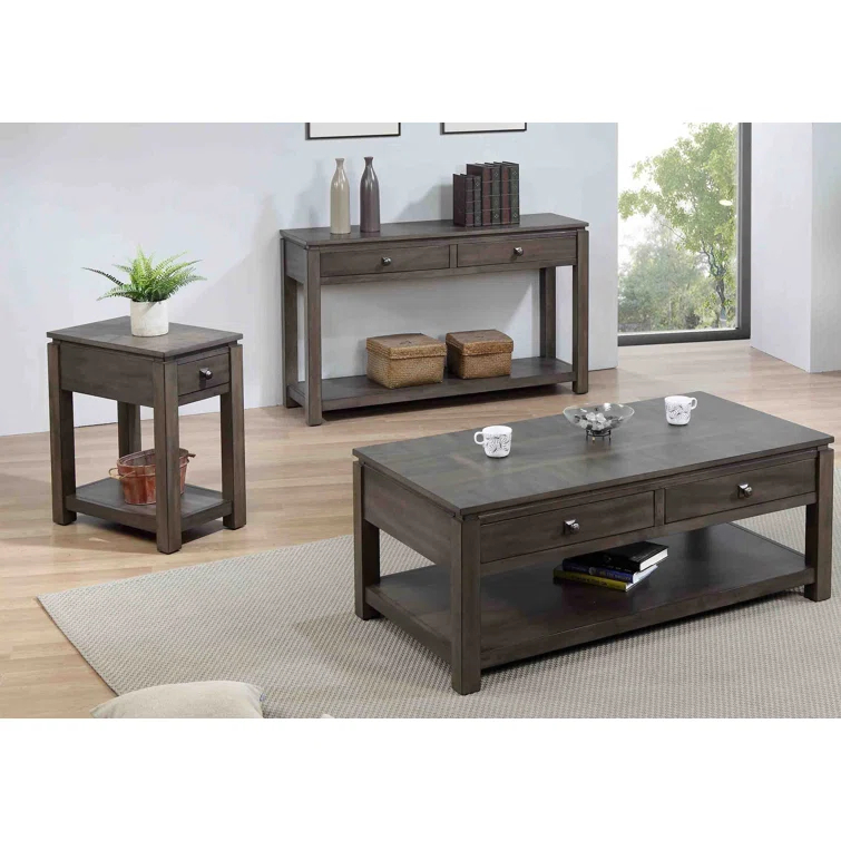 Sunset Trading Shades of Gray 3-Piece Drawers Wood Living Room Table Set in Gray
