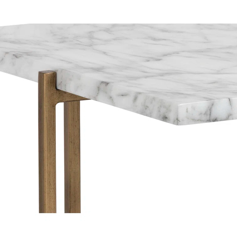 Elegant White Marble Look and Antique Brass Rectangular Outdoor Coffee Table