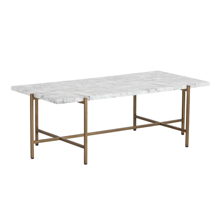 Elegant White Marble Look and Antique Brass Rectangular Outdoor Coffee Table