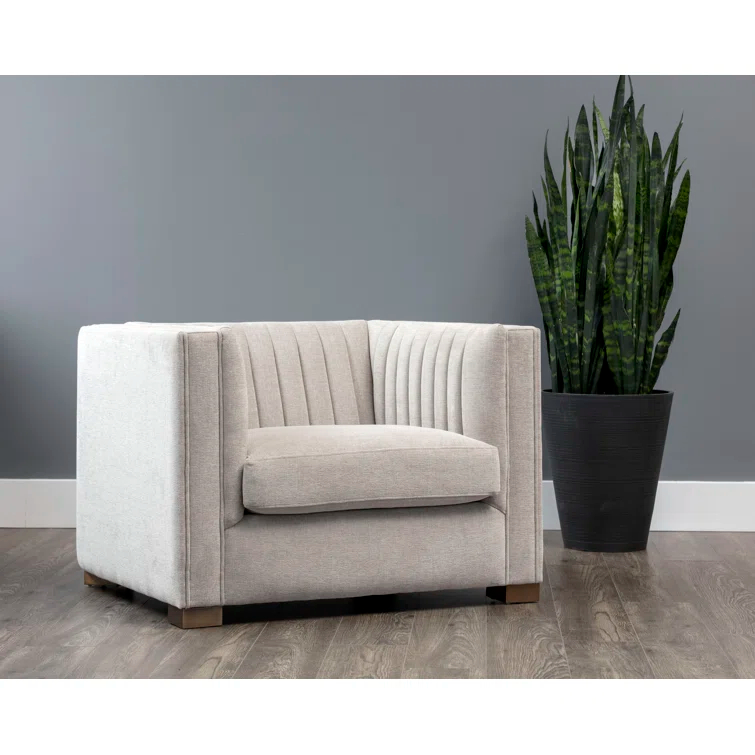 Gray Handcrafted Metal Armchair with Grooved Upholstery