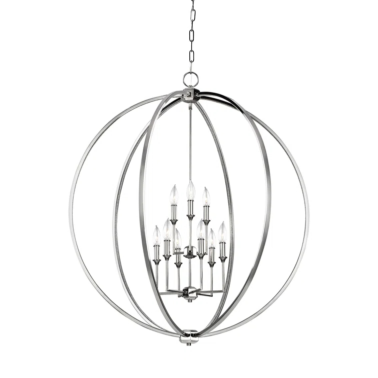 Elegant Polished Nickel 9-Light Crystal Globe Chandelier