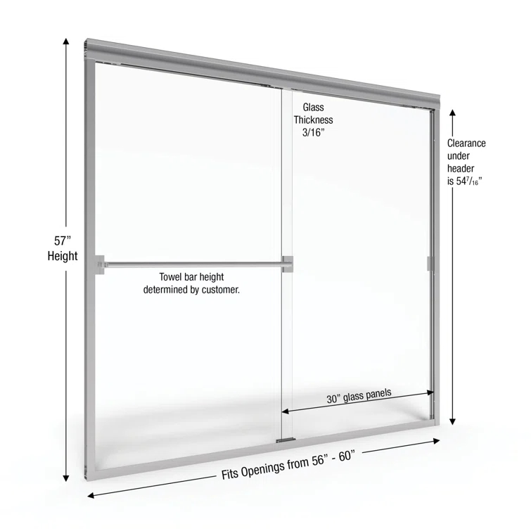 Classic 56" W x 57" H Bypass Frameless Tub Door