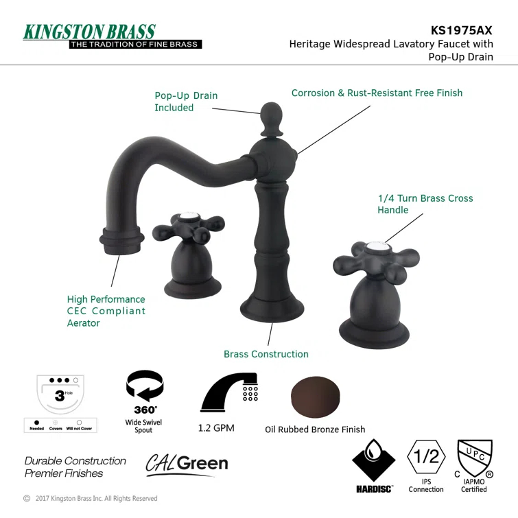 Kingston Brass Heritage Two-Handle 3-Hole Deck Mount Widespread Bathroom Faucet with Brass Pop-Up Drain