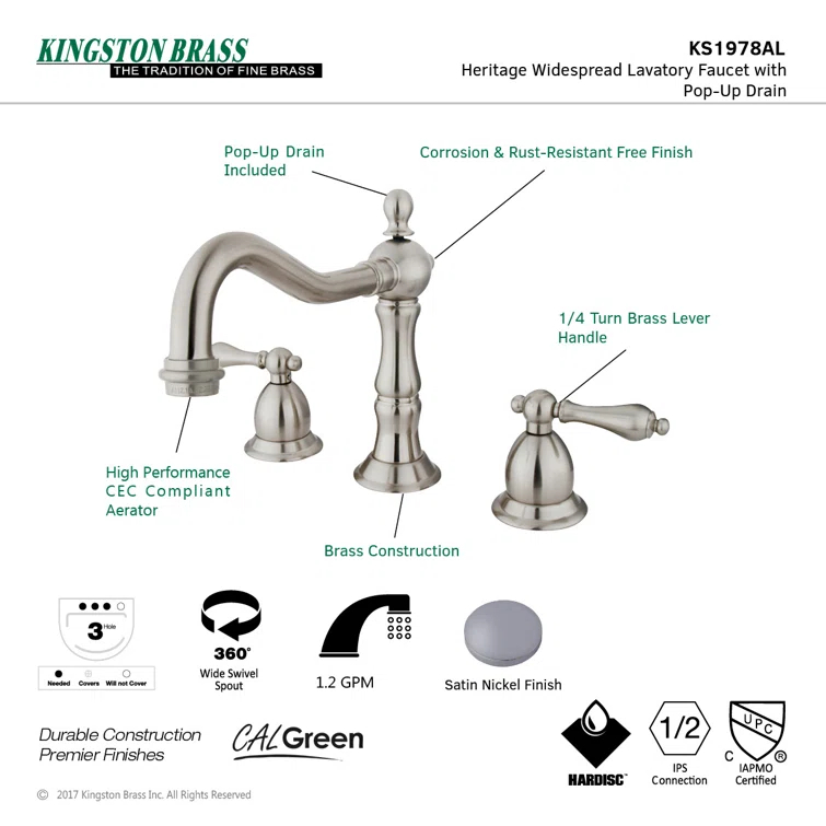 Kingston Brass KS1978AL Kingston Brass Heritage Two-Handle 3-Hole Deck Mount Widespread Bathroom Faucet with Brass Pop-Up Drain