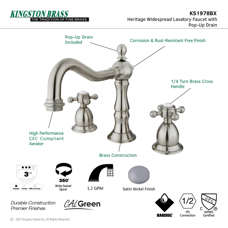 Kingston Brass Heritage Two-Handle 3-Hole Deck Mount Widespread Bathroom Faucet with Brass Pop-Up Drain