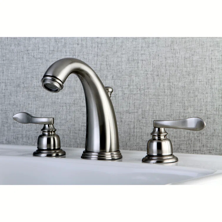 Kingston Brass NuWave French Two-Handle 3-Hole Deck Mount Widespread Bathroom Faucet with Retail Pop-Up Drain