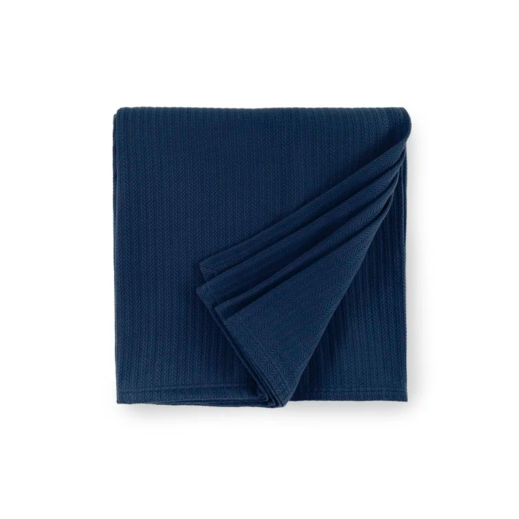Minimalist Navy Cotton King Blanket with Striped Weave