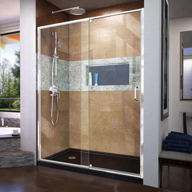 Flex 60" W x 30" D x 74.75" H Semi-Frameless Rectangle Pivot Shower Enclosure with Base Included