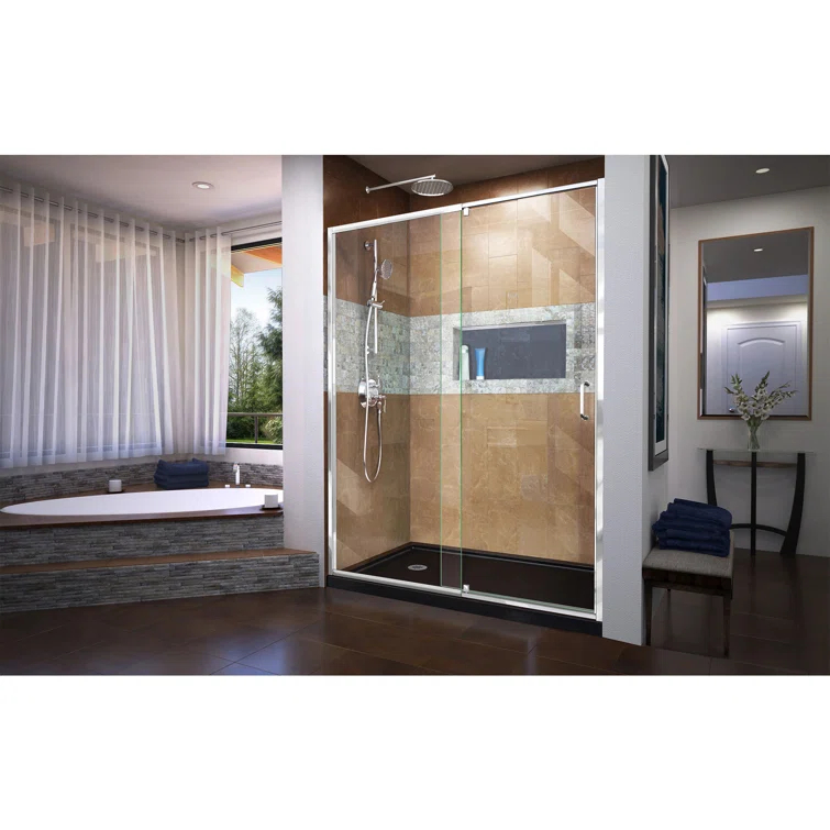 Flex 60" W x 30" D x 74.75" H Semi-Frameless Rectangle Pivot Shower Enclosure with Base Included
