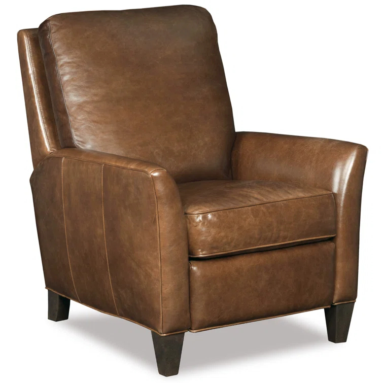 Handcrafted Brown Leather Recliner with Dark Wood Finish