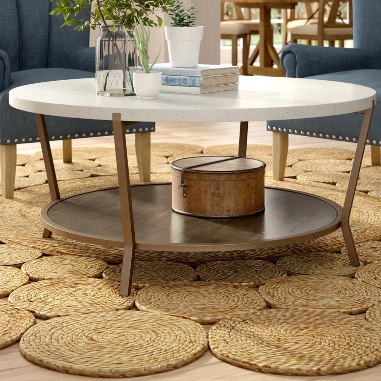 Transitional Round Wood & Stone Coffee Table, 42 Inch, Brown