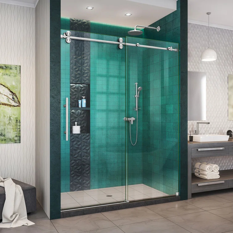 Enigma-XO 50" W x 76" H Sliding Frameless Shower Door with Clear Max™ Technology
