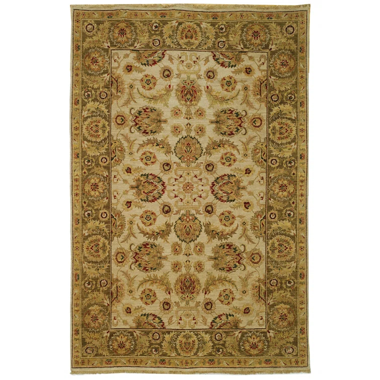 Ivory and Green Hand-Knotted Wool 8' x 10' Area Rug