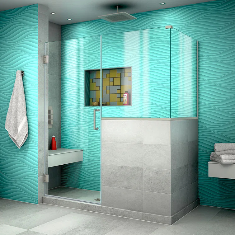 Unidoor Plus 58" W x 30.375" D x 72" H Frameless Pivot Rectangle Shower Enclosure with Fixed Panel