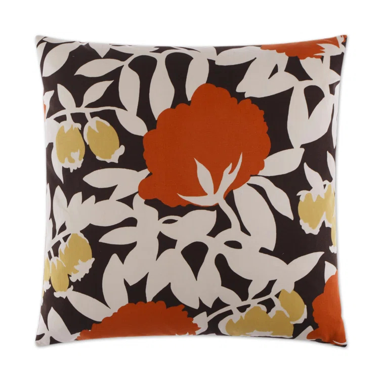 24" Orange and Black Cotton Floral Throw Pillow