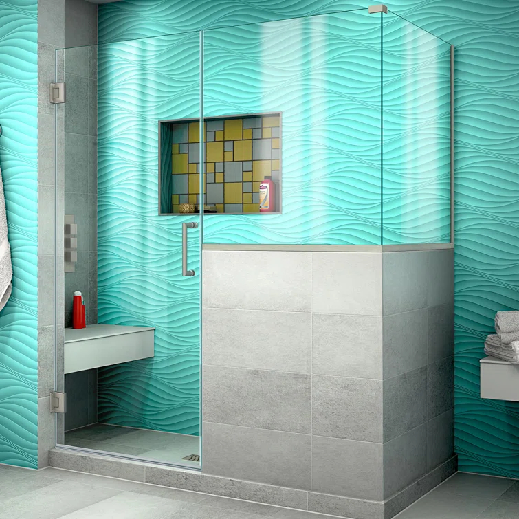Unidoor Plus 58" W x 30.375" D x 72" H Frameless Pivot Rectangle Shower Enclosure with Fixed Panel