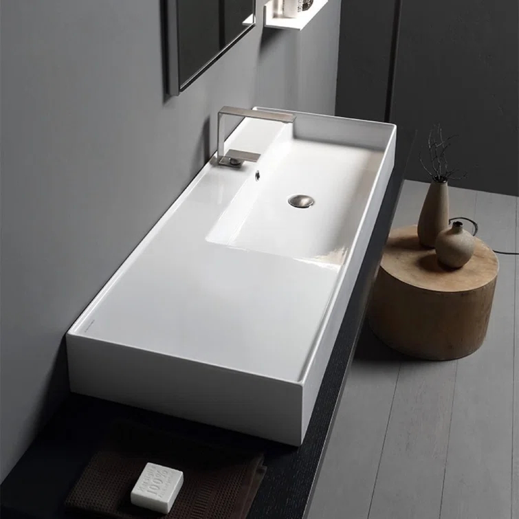 Scarabeo By Nameeks 18.1'' White Ceramic Rectangular Vessel, Wall Mount Bathroom Sink with Overflow