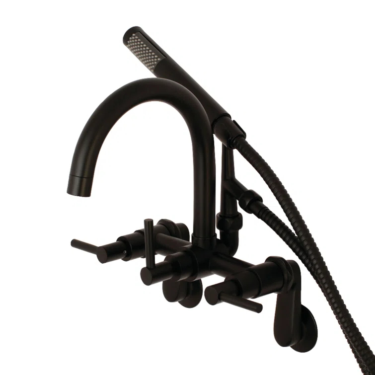 Kingston Brass Concord Three-Handle 2-Hole Tub Wall Mount Clawfoot Tub Faucet with Hand Shower