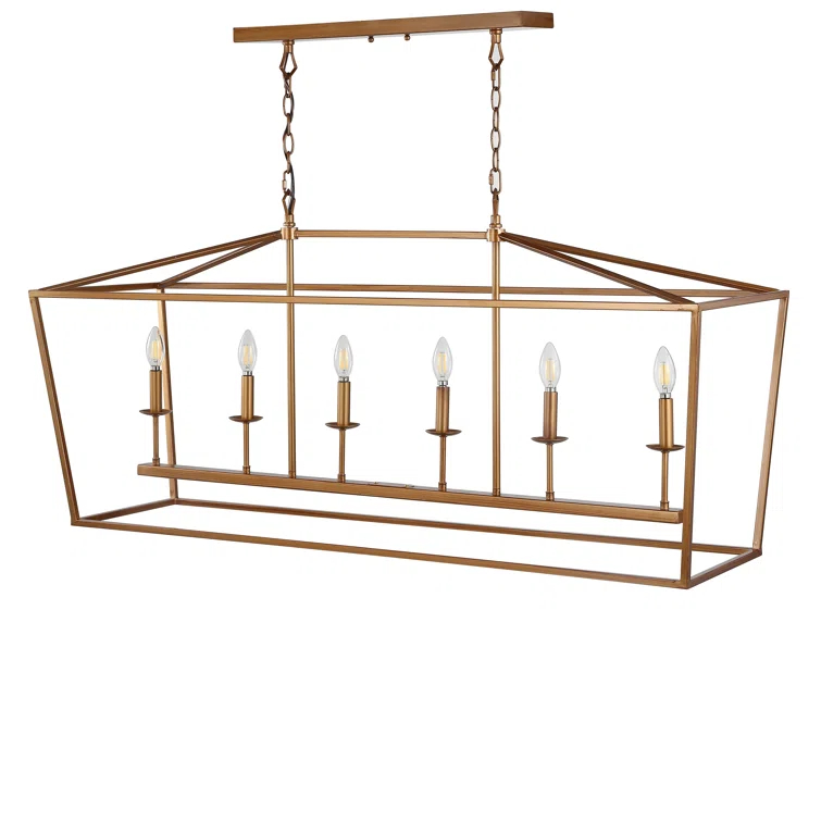 Pagoda 49" Linear 6-Bulb Lantern Metal LED Pendant, Antique Gold