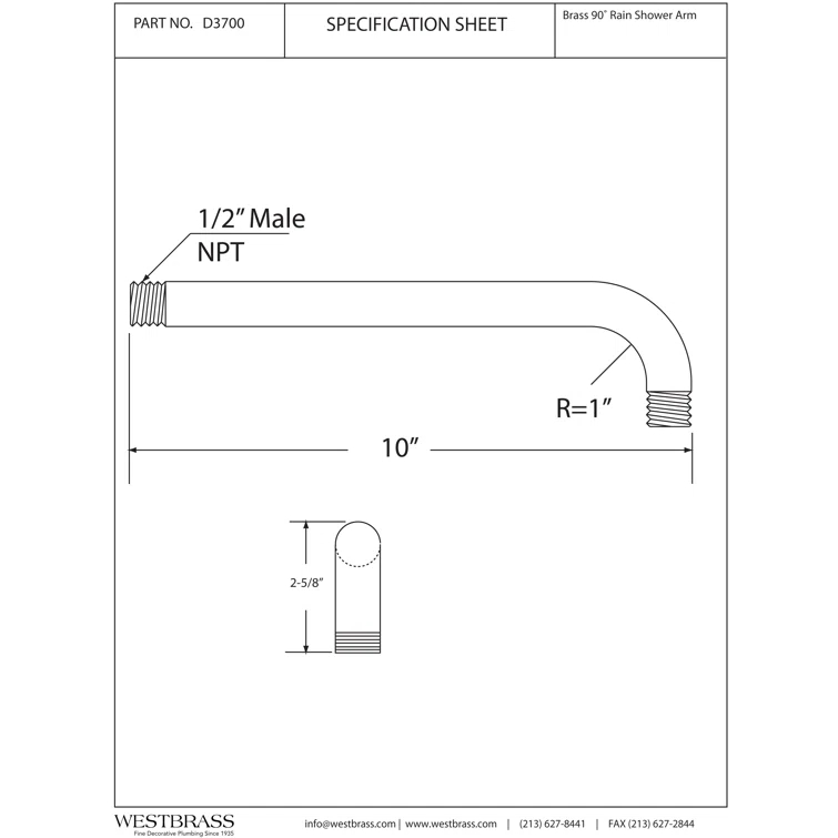 1/2" IPS x 10" IPS Wall Mount 90-Degree Rain Shower Arm with Flange