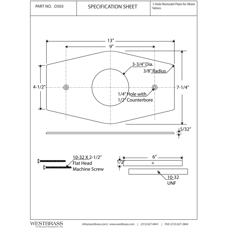 Westbrass D503-26 One-Hole Remodel Cover Plate for Mixet Bathtub and Shower Valves