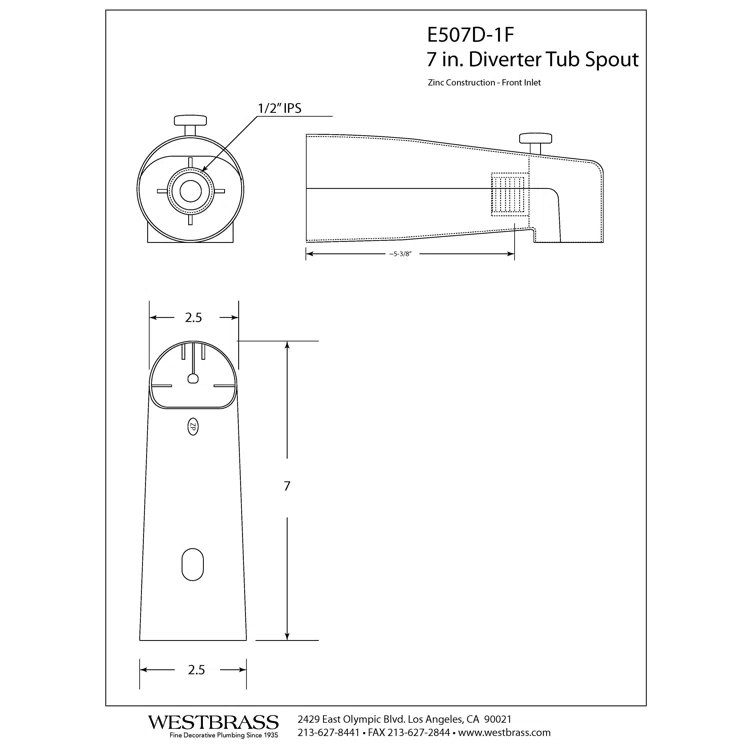 7" Reach Wall Mount Tub Spout with Diverter