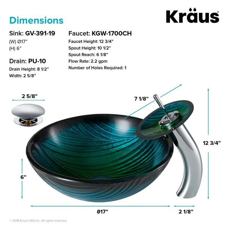 Kraus Nei Glass Bathroom Vessel Sink and Waterfall Faucet Set with Pop-Up Drain