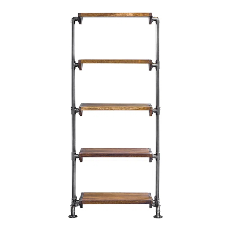 Uttermost Rhordyn 4-Shelf Wood and Metal Bookcase in Walnut and Gunmetal