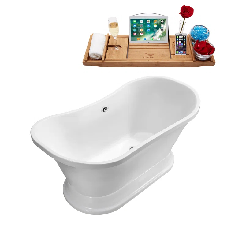 68" Streamline Freestanding Soaking Acrylic Bathtub With Drain and Bamboo Tray