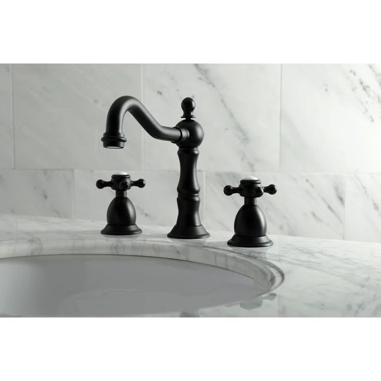 Kingston Brass Heritage Two-Handle 3-Hole Deck Mount Widespread Bathroom Faucet with Brass Pop-Up Drain