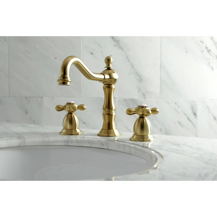 Kingston Brass Heritage Two-Handle 3-Hole Deck Mount Widespread Bathroom Faucet with Brass Pop-Up Drain