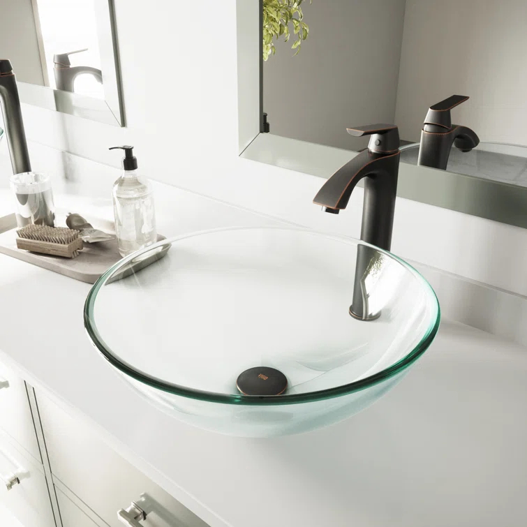 Giovanni Titanium Glass 17" L 17" W 6" H Round Vessel Bathroom Sink