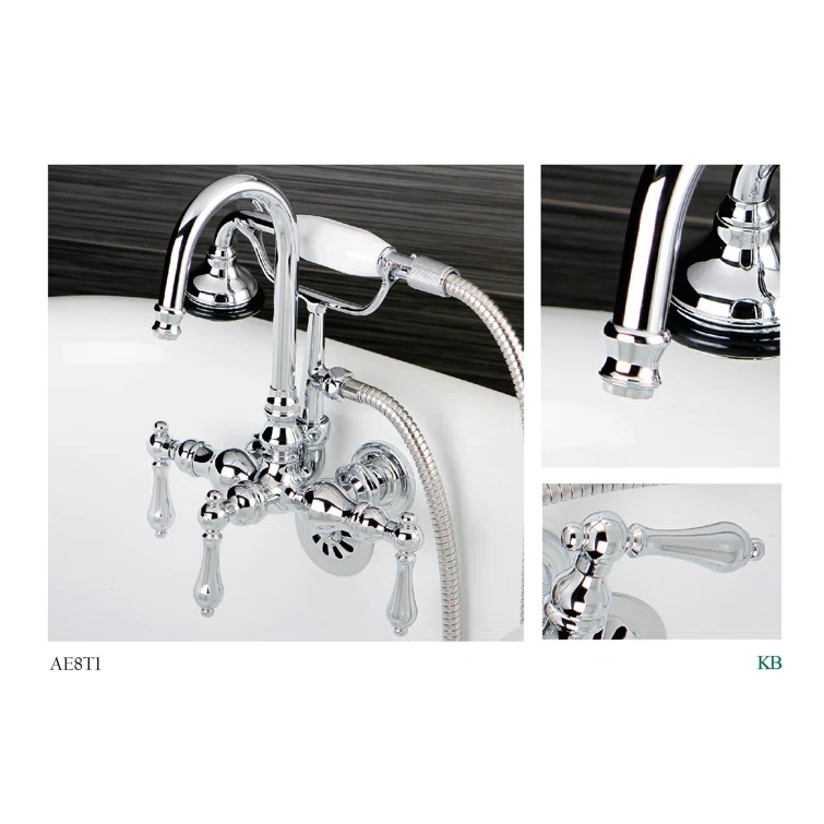 Kingston Brass Aqua Vintage Three-Handle 2-Hole Tub Wall Mount Clawfoot Tub Faucet with Hand Shower