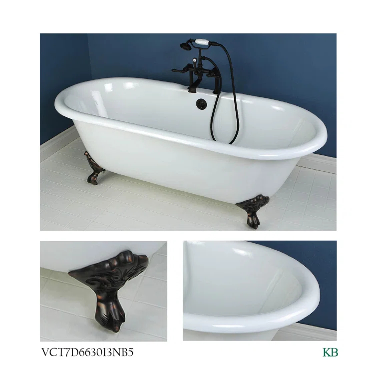 Kingston Brass Aqua Eden 66-Inch Cast Iron Oval Double Ended Clawfoot Tub (7-Inch Faucet Drillings)