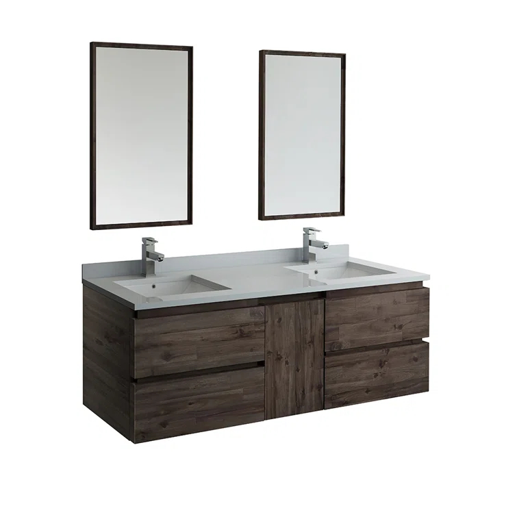 Fresca Formosa 60" Wall Mount Floating Double Sink Modern Bathroom Vanity with Top, Sinks and Mirrors - Faucets Not Included