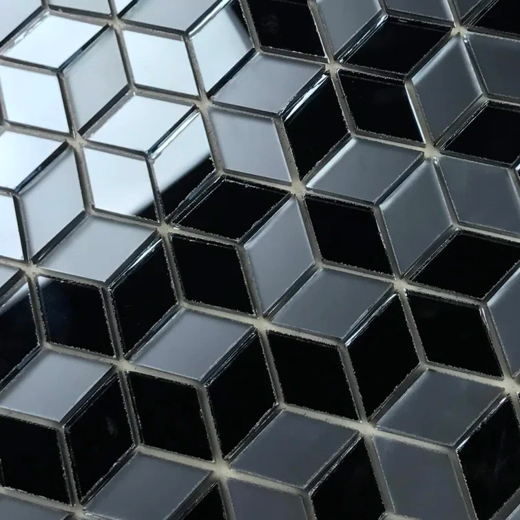 Musico 1.625 in. x 1.875 in. Multifinish Glass Mirror Straight Edge Diamond Cubed Mosaic Decorative Kitchen & Bathroom Wall Tile