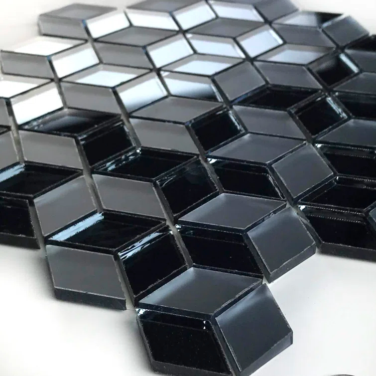 Musico 1.625 in. x 1.875 in. Multifinish Glass Mirror Straight Edge Diamond Cubed Mosaic Decorative Kitchen & Bathroom Wall Tile