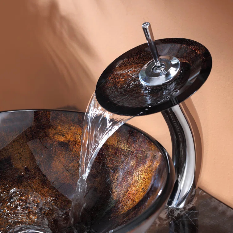 Glass Circular Vessel Bathroom Sink with Faucet